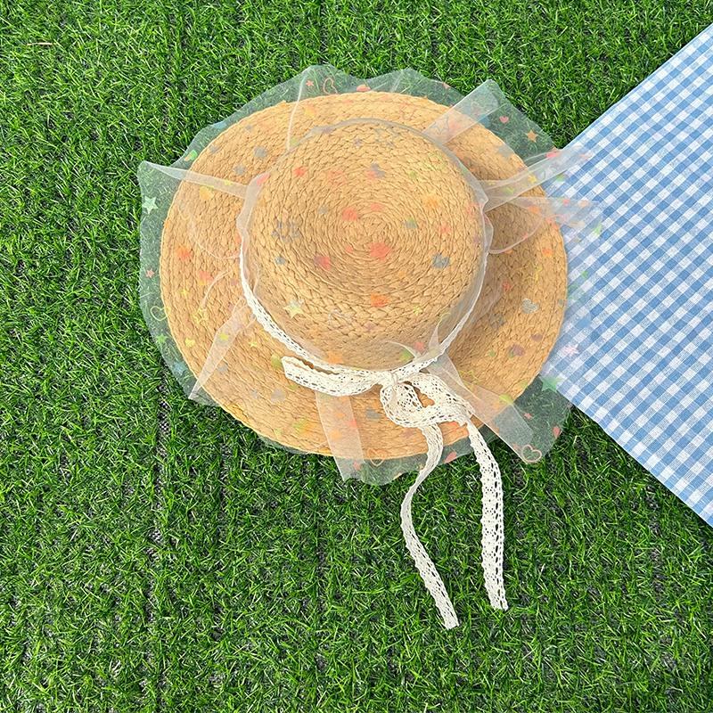 

Детская соломенная шляпа с плоским верхом и большими полями, шляпа от солнца с кружевной сеткой для девочек