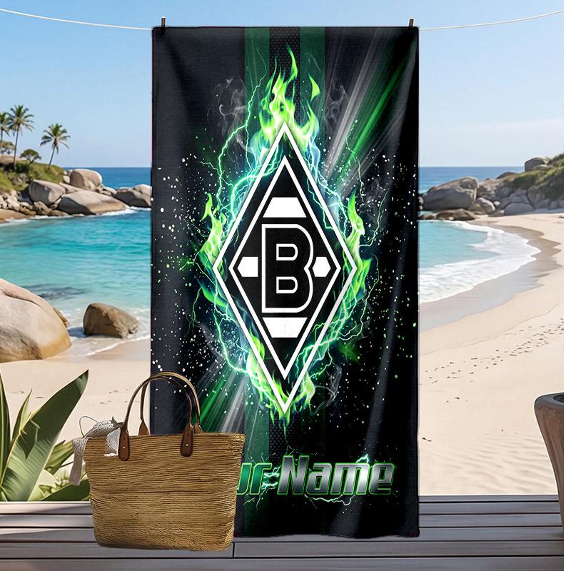 Borussia Mönchengladbach Personalisiertes Bedrucktes Strandtuch Fußballlogo Unterstützung Benutzerdefinierter Name Text Saugfähiges Handtuch für Sport Reisen Besonderes Geschenk 70cmx140cm(27x55inch) black