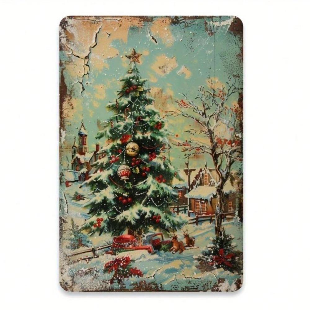 2D Vintage Christmas Tree Snow Village Metal Tin Sign 8x12 Inch Holiday Wall Decor Aluminum Craft Pre Drilled Holes For Home Bar Cafe Garage