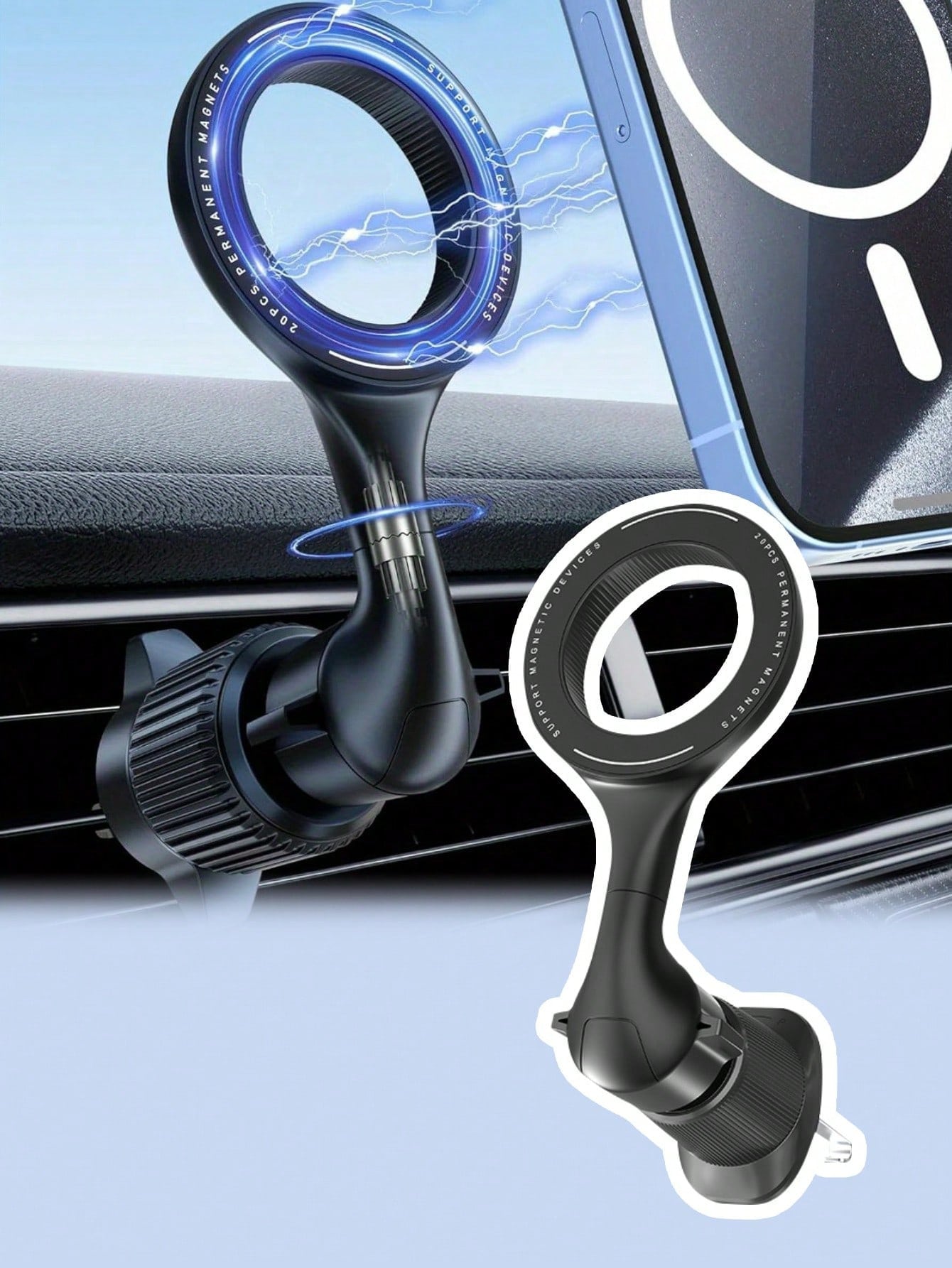 Magnetic Car Phone Holder-Adjustable Ball Joint, 360° Rotation, Strong Neodymium Magnet & Built-in Magnetic Ring, Universal Fit чёрный