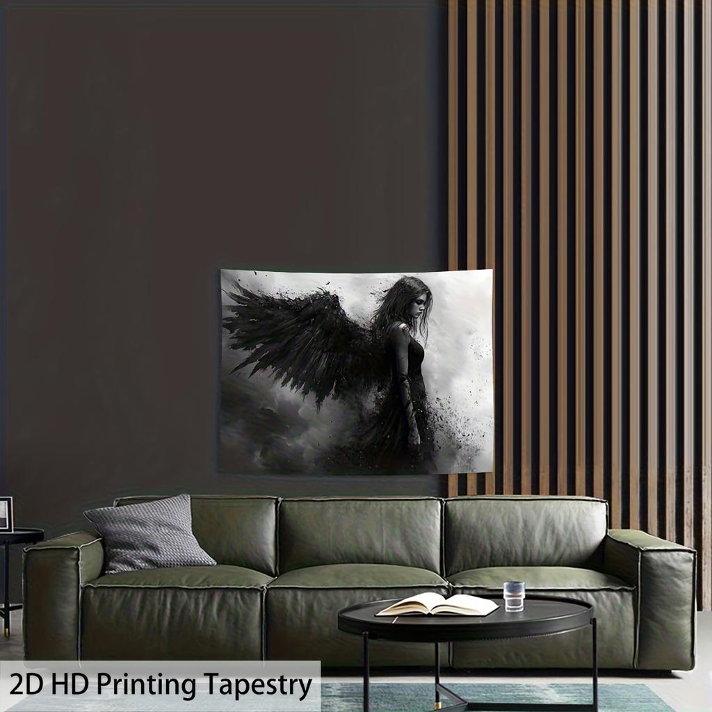 Dark Angel Tapestry, Woman with Black Wings in Monochrome, Gothic Fantasy Wall Hanging for Bedroom Living Room Decor