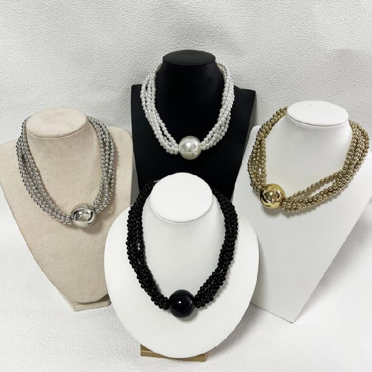 Elegant Layer Imitation Pearls Statement Necklace Large Bead Detailing For Neck Outfits