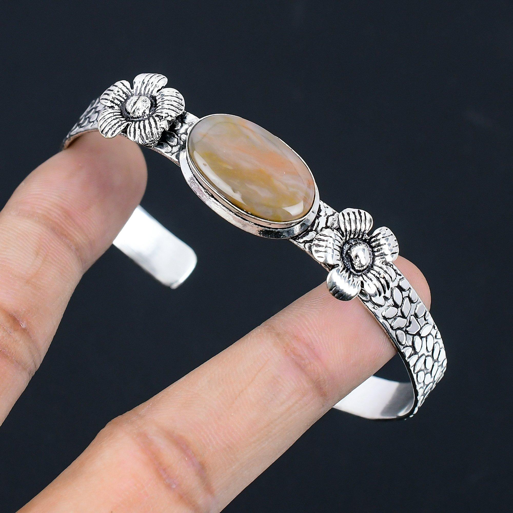 

Daughters Day Sale Natural Plume Agate 925 Silver Wife Flower Anniversary Bangle Adjustable