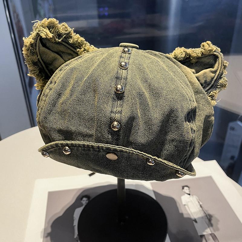Cowboy Style Denim Beret With Studded Detail For Casual Streetwear And Outings