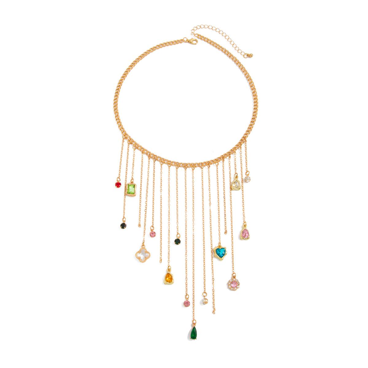

Colorful Heart Crystal Pendant Necklace Tassel Chain Neck Accessories for Women