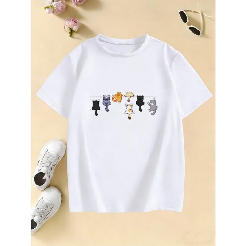 

Short-sleeve Children s T-shirt for Boys and Girls, Summer Casual Top with Climbing Cat Pattern, Fashionable Design Printed T-shirt 100
