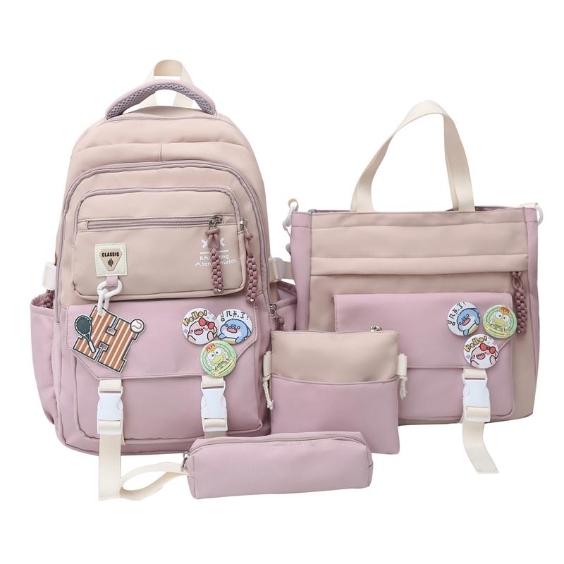 

Рюкзак из четырех предметов, школьный рюкзак, женский рюкзак большой емкости с цветными блоками розовый