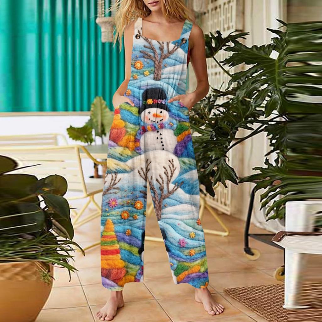 Damen Casual Weihnachts-Jumpsuit Ärmelloser Baumwoll-Jumpsuit mit Aufdruck