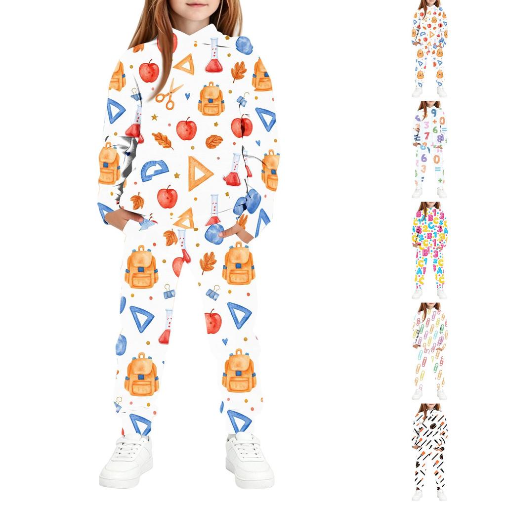 Boys Girls Kids Hooded Sweatshirt Set with Print for Back to School