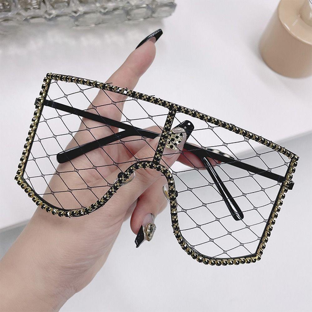 Vintage Oversized Rhinestone Mesh Glasses Colorful Diamond Sunglasses Hollow Out Glasses For Women