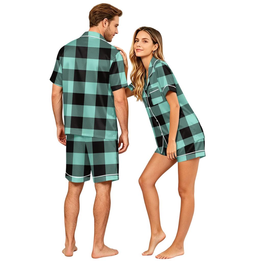Couple Matching Pajama Set Short Sleeve Button Down Shirt with Hem and Shorts Set Soft Casual Sleepwear Available In Sizes S To XXXXL