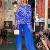 Women Summer   Colorful Chiffon Casual Round Neck Printed  Top Blouse & High Waist Pants Two-Piece Clothing Set
