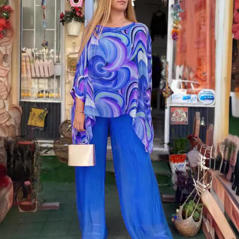 Women Summer   Colorful Chiffon Casual Round Neck Printed  Top Blouse & High Waist Pants Two-Piece Clothing Set