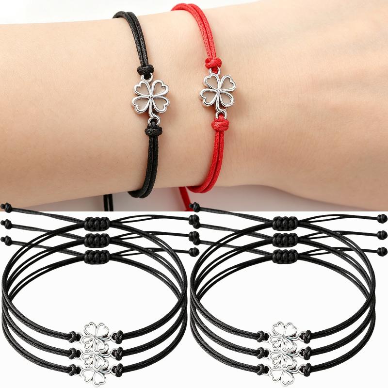 10 pièces 2026 Bracelets Trèfle à Quatre Feuilles pour Femmes Hommes Réglable Fait Main Corde Rouge Porte-Bonheur Couple Amitié Bijoux Accessoires