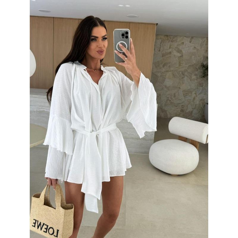 Kadın Modası Yaz İlkbahar Düz Renk Baskı Uzun Kollu V Yaka Günlük Elbiseler