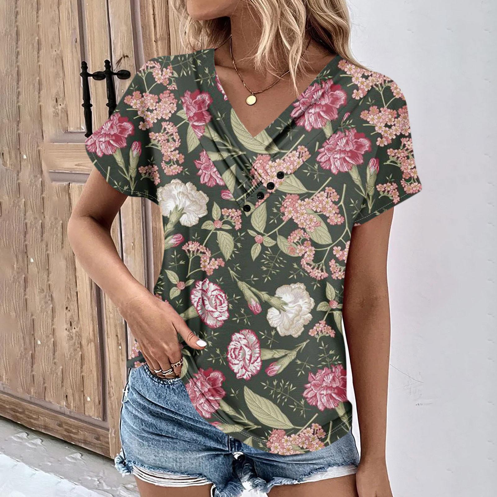 

Летние женские топы с цветочным узором для женщин, удобные женские топы с v-образным вырезом и короткими рукавами, футболки большого размера L