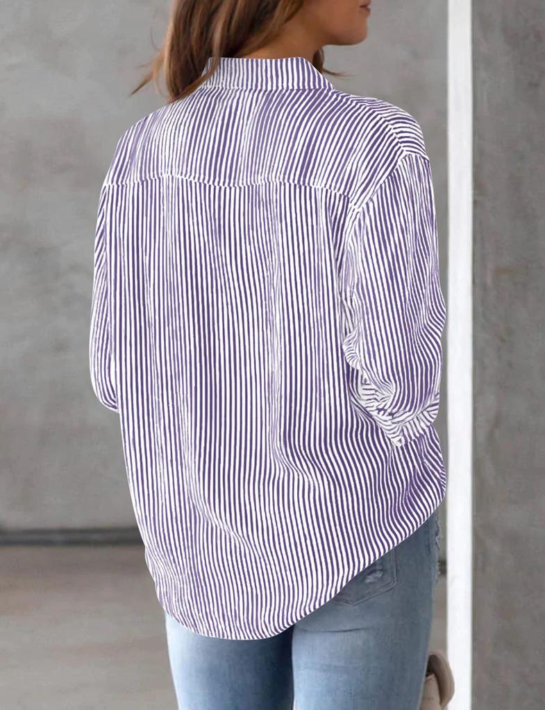 Women's Striped Long Sleeve Collared Button-Down Shirt with Pocket