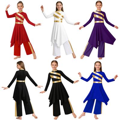 Mock Neck Long Sleeve Contrast Color Dress for Girls: Metallic Patchwork Asymmetrical Hem with Wide-Leg Pants for Worship Dance