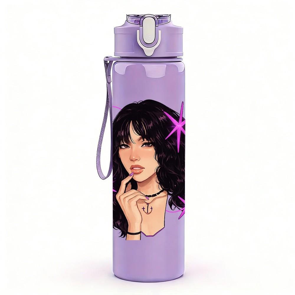 1PC Dark Hair Stylish Lady 750ml Color Plastic Sports Water Bottle Leakproof Flip Straw Lid Suitable for Sports Office Home Use