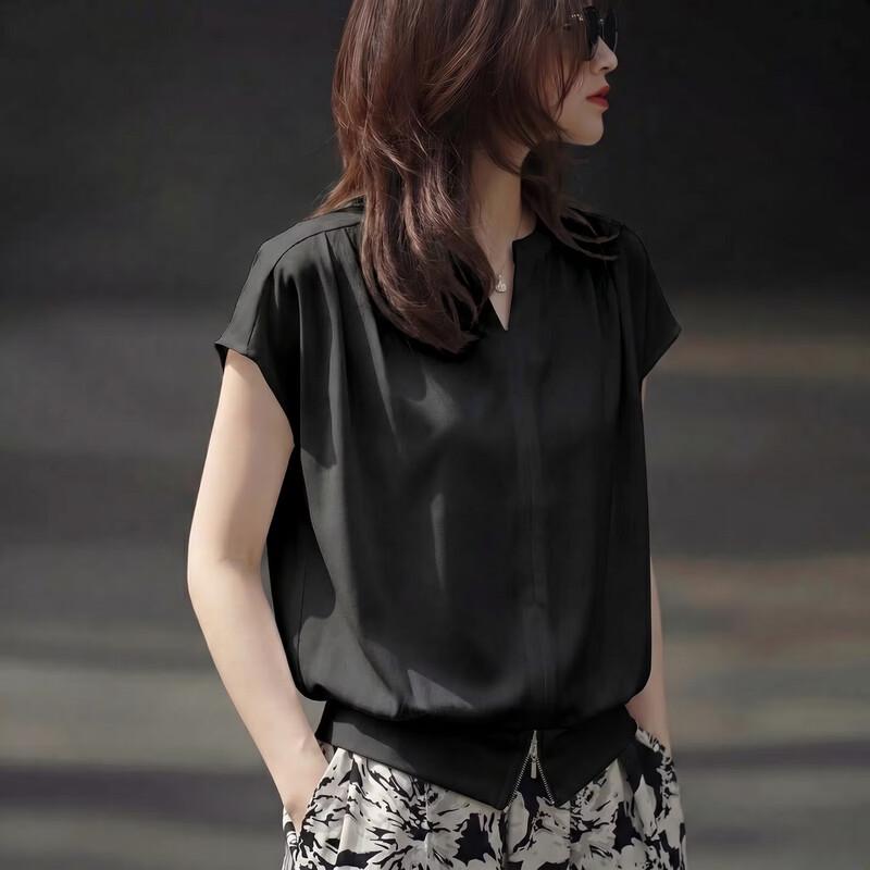 Demanana Summer Commute Flutter Sleeve Round Neck Blouse L чёрный