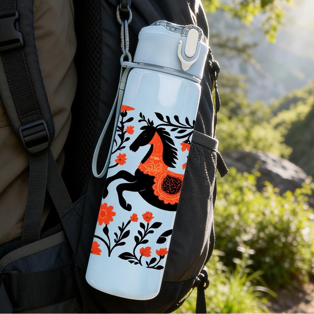 1PC Floral Black Horse Art 750ml Color Plastic Sports Water Bottle Leakproof Flip Straw Lid Suitable for Sports Office Home Use