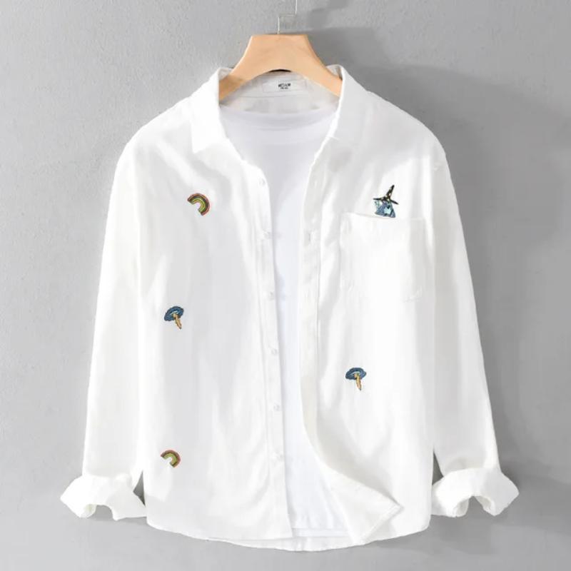 Chic Embroidered White Shirts for Men Spring and Summer Streetwear Youth New Casual Tops Pure Cotton Long Sleeve Shirt Korean Style Men Clothing