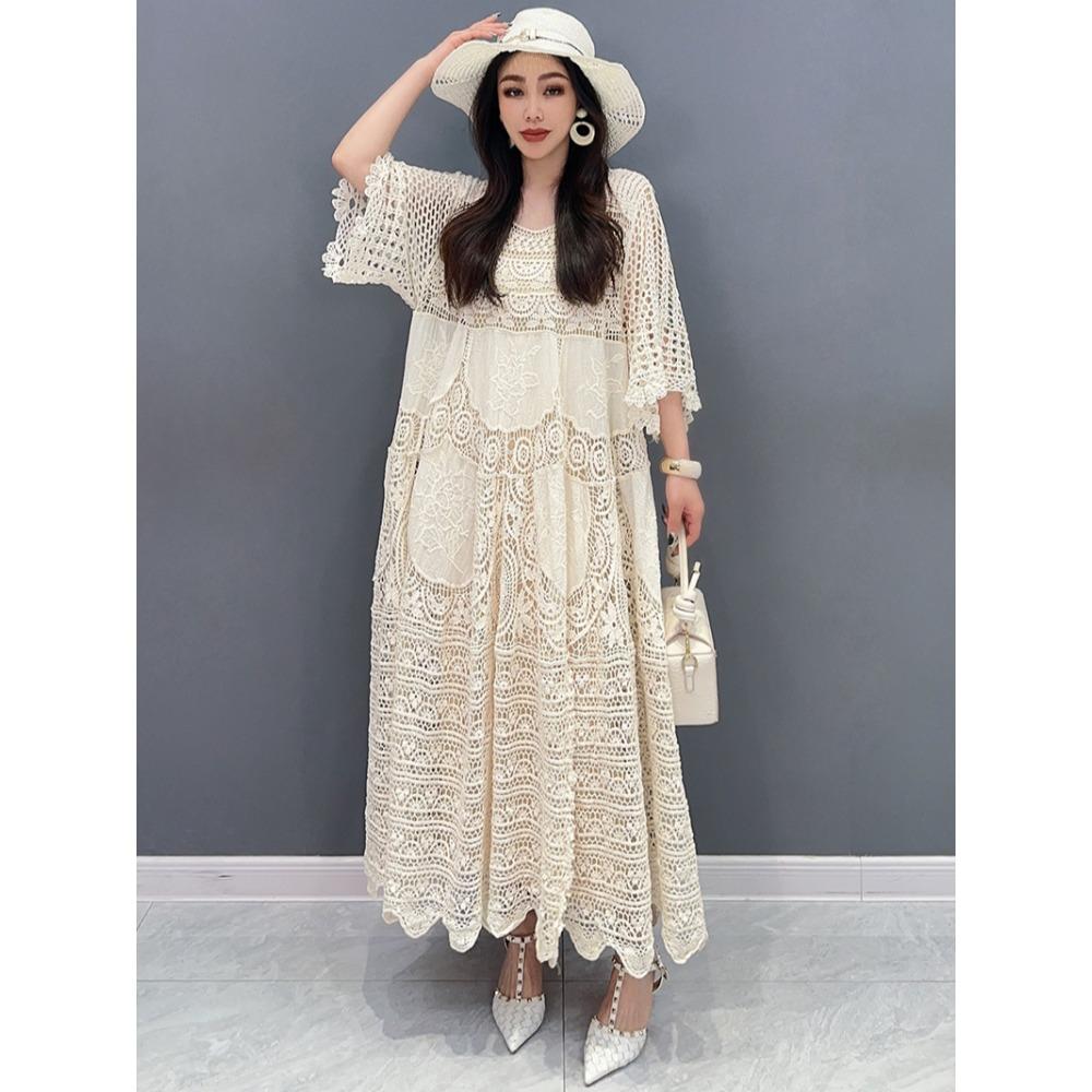 DIMANAF 2025 Vară Femei Rochie Lungă Tricotată Mânecă Rochii de Dantelă Fashion de Bază Casual Largi