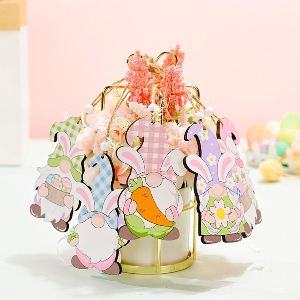 Easter Wooden Gnome Hanging Ornaments Spring Slices Ornaments Wooden Decoration With Rope For Easter Valentine's Day Decorations (2D)