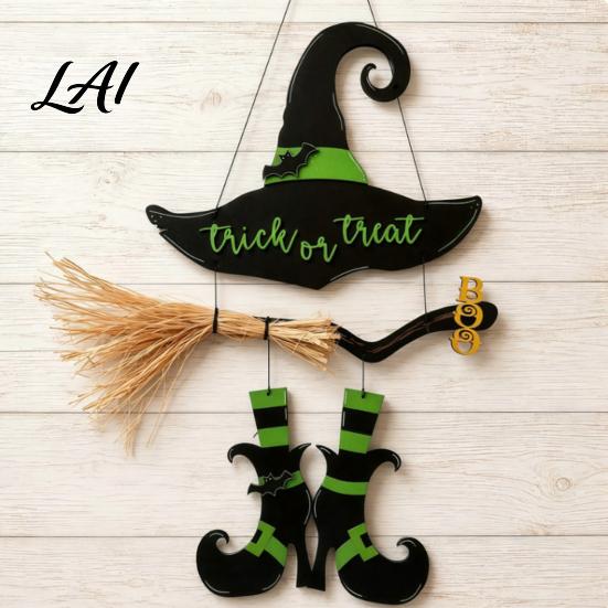 Hanging Wall Decor Halloween Witch Hat Boot Sign Trick or Treat Decoration Reusable Sign for Home Room Wooden Front Door Hanger Holiday Party,