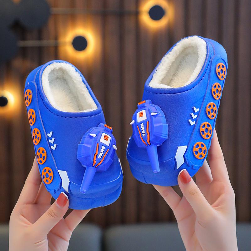 Children's Cute Cartoon Tank Rocket Velvet Warm Winter Slippers
