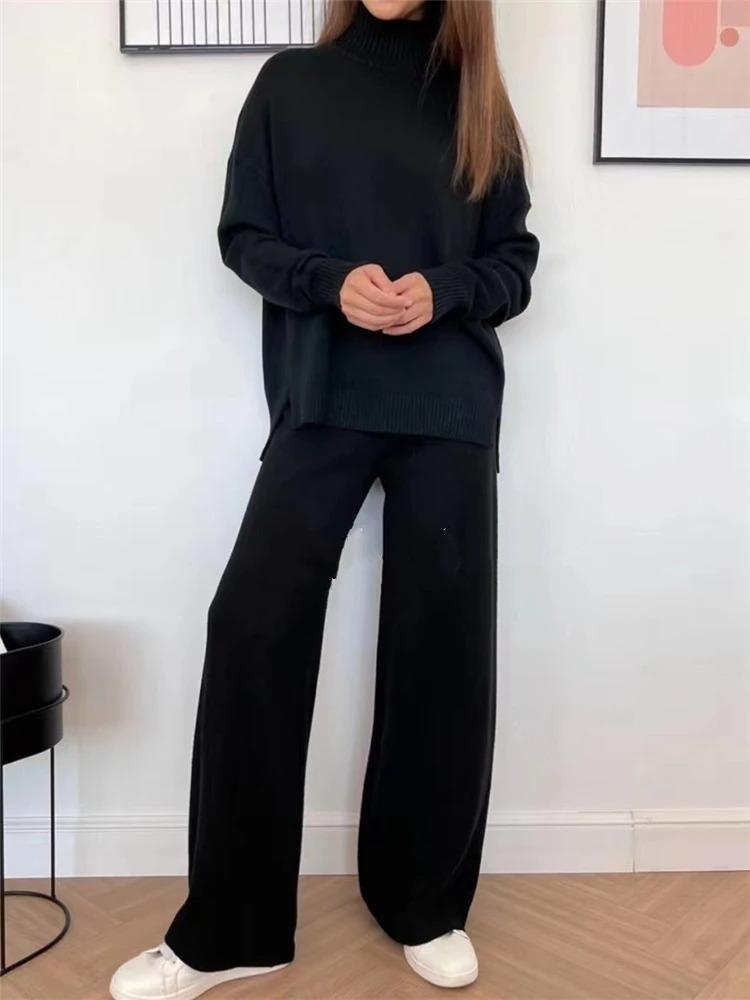 High-Quality Solid Color Knit Set: Women's High Neck & Wide Leg Pants Two-Piece for Autumn/Winter 2025