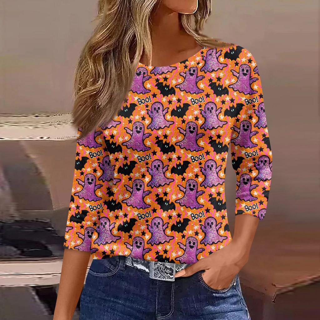 Women's Fashion Casual Three-quarter Sleeve Halloween Printed Round Neck Top