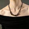 925 Sterling Silver Irregular Black Agate and Tiger Eye Necklace for Women - High-End Clavicle Chain with White Crystal and Obsidian