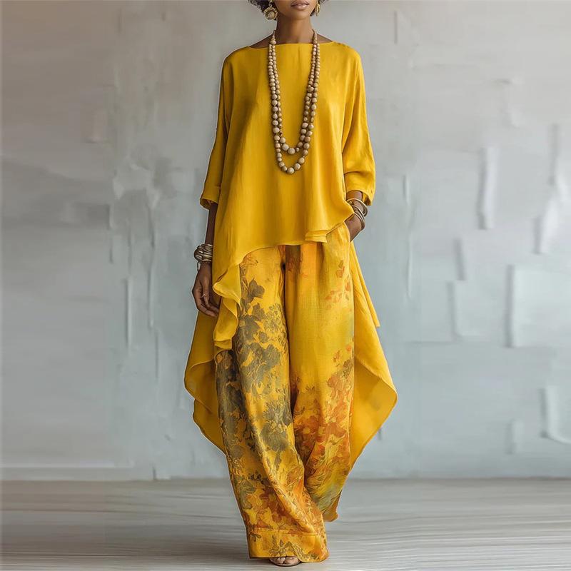 Damen Boho Zweiteiler 3/4 Ärmel Asymmetrisches High-Low Tunika-Oberteil Bedruckte Weite Hosen Lockerer Sommer-Look L yellow