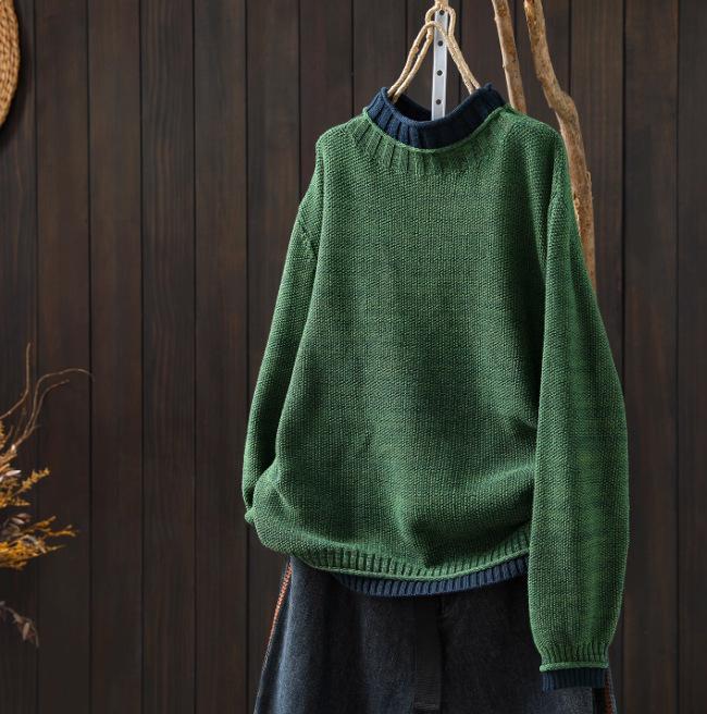 Women's Long Sleeve Sweater Mock Neck Vintage Loose Fit Color Block Knit Pullover Jumper