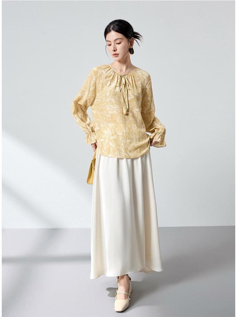 100% Mulberry Silk High-End Shirt, Spring Lantern Sleeves, Double Georgette Tie-Up Print, Women's Top