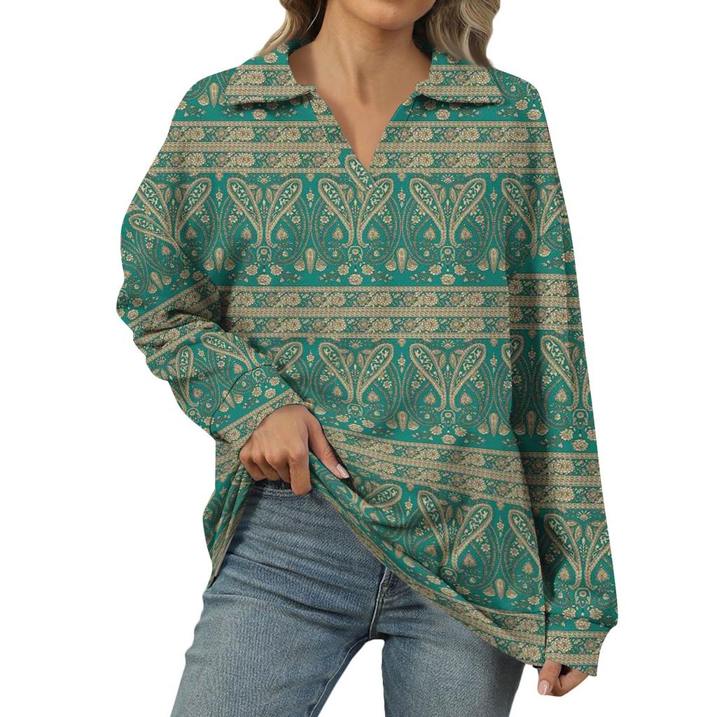 Women's Summer Fashion Casual  Printed V-Neck Long Sleeve Shirt Top