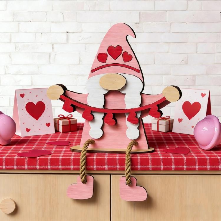 Valentines Day Wooden Gnomes Decoration Rose Gnomes Figurines Shelf Sitter with Dangling Legs Romantics Valentine Gift