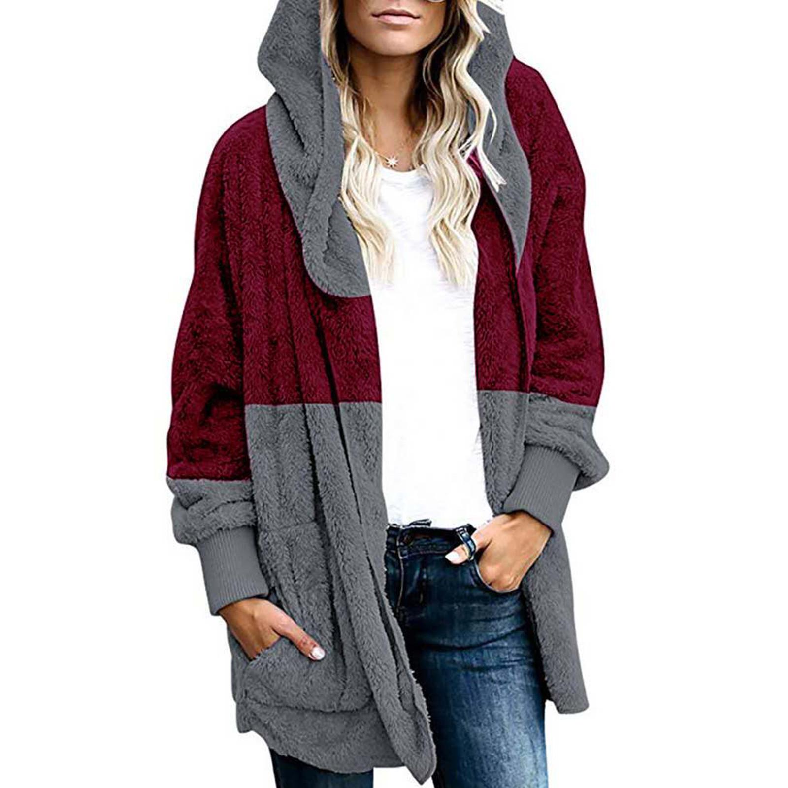 

Fashion Women Plush Pocket Hooded Cardigan Jacket Casual Loose Stitching Jacket XL