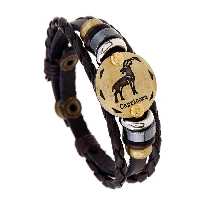 Vintage Zodiac Leather Cuff Bracelet Multi-Layer Chain Bracelet Adjustable Birthday Gift Jewelry