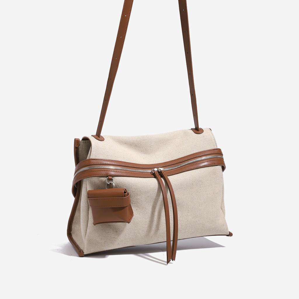 French Niche Design Cotton-linen Patchwork Messenger Bag for Women, Large-capacity Canvas Tote Bag for Commuting, Shoulder and Crossbody Bag, New