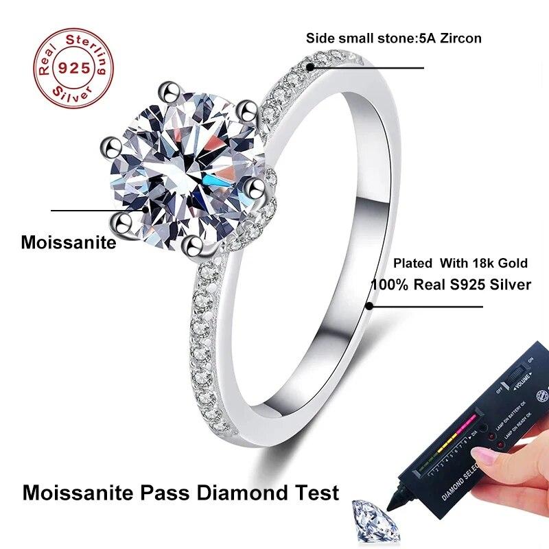 2 Carat Moissanite Diamond Ring for 925 Sterling with White Gold Plated Silver Engagement Rings Women's Wedding Band Gift