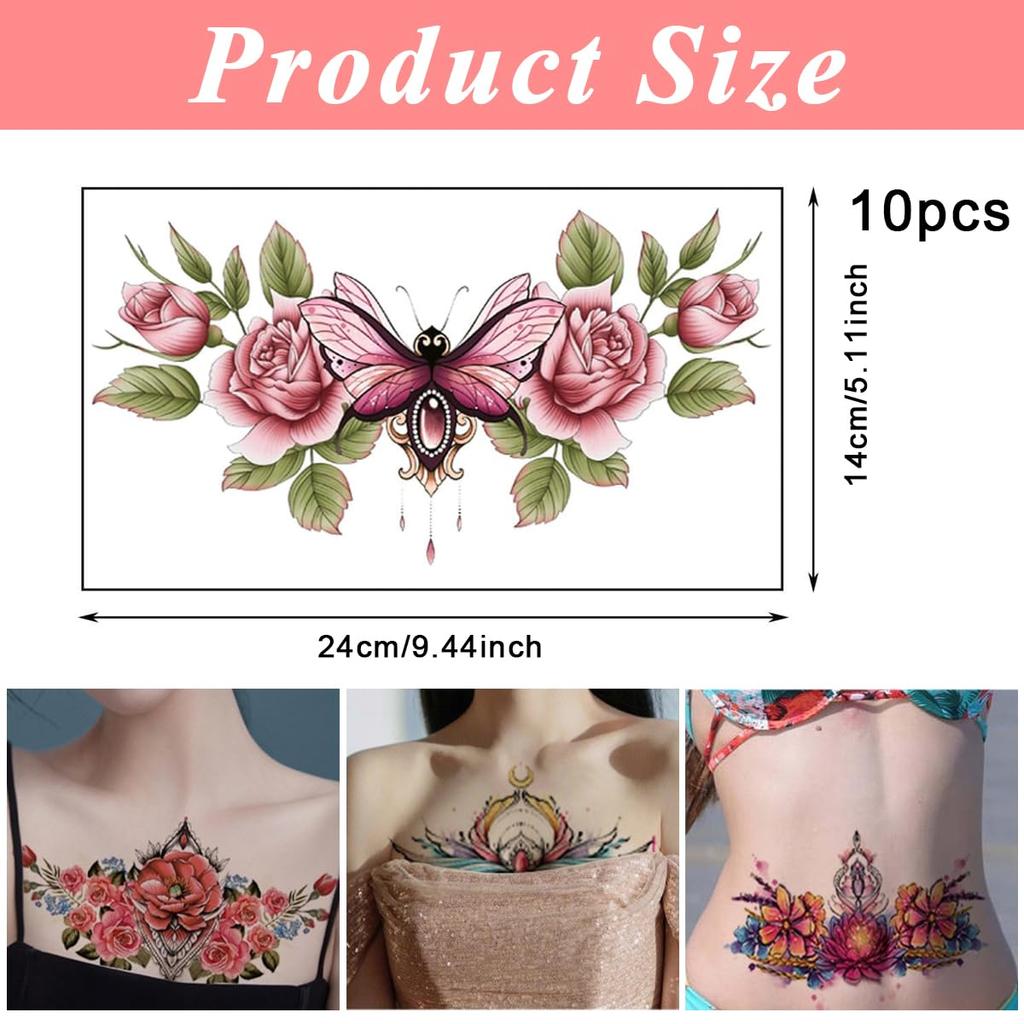 MAYCREATE® 10 Sheet Floral Tattoo Sticker Large Temporary Tattoo for Women, Rose Flower Haif Arm Band Tattoo, Waterproof Enchanting Body Art Tattoo