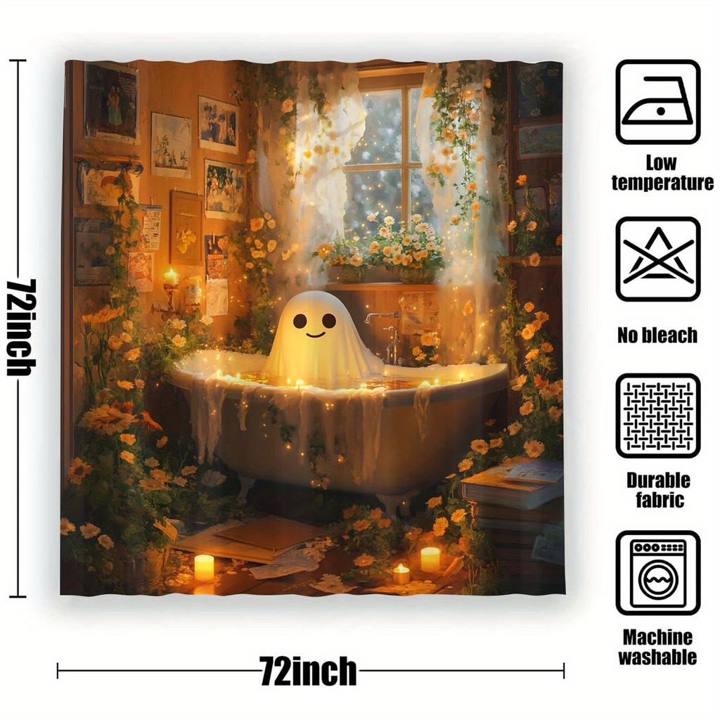 Ghost Bath Theme Waterproof Shower Curtain, Non-Woven, Art Graphic Pattern, With Hooks, Machine Washable - Art Decor Accessory