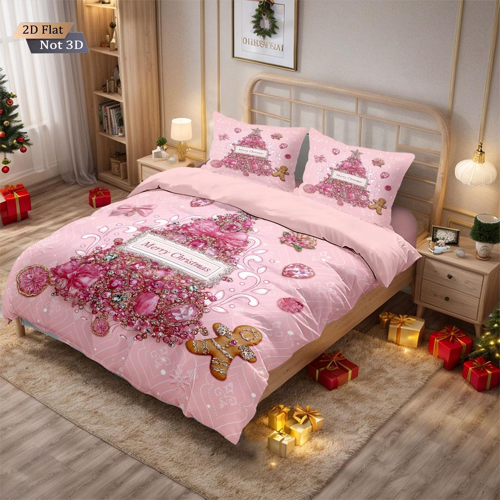 3pcs pink romantic Christmas tree print coreless duvet set multi size bedroom bedding holiday decoration machine washable