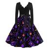 Women Casual V Neck Long Sleeve Dress Halloween Printed Skirt Vintage Style Midi Dress with Belt Fit and Flare Design