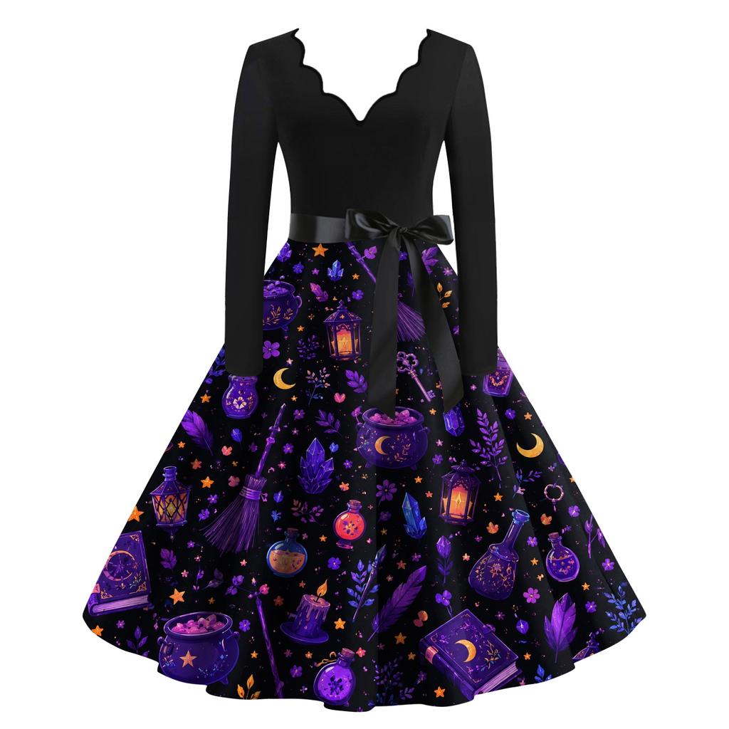 Women Casual V Neck Long Sleeve Dress Halloween Printed Skirt Vintage Style Midi Dress with Belt Fit and Flare Design