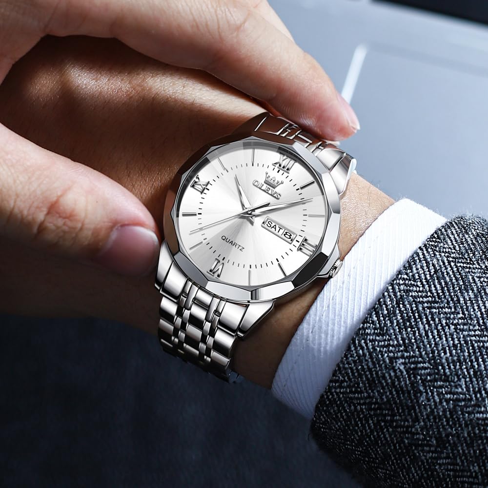 OLEVS Stainless Steel Date Water Resistant White Day Job Promotion Gift Men's Watch, Band, Display, Chronograph, 40mm, Business/Formal, (10 ATM),