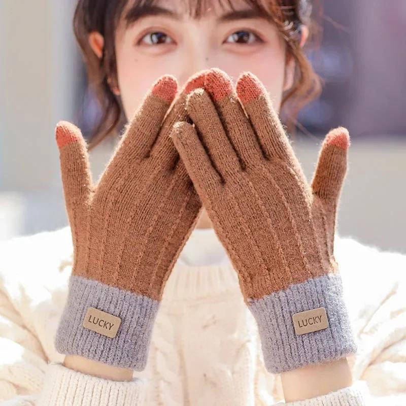 Thicken Knitted Full Finger Gloves Solid Color Wool Touchscreen Mittens Warm Plush Soft Gloves for Autumn Winter Cycling Driving