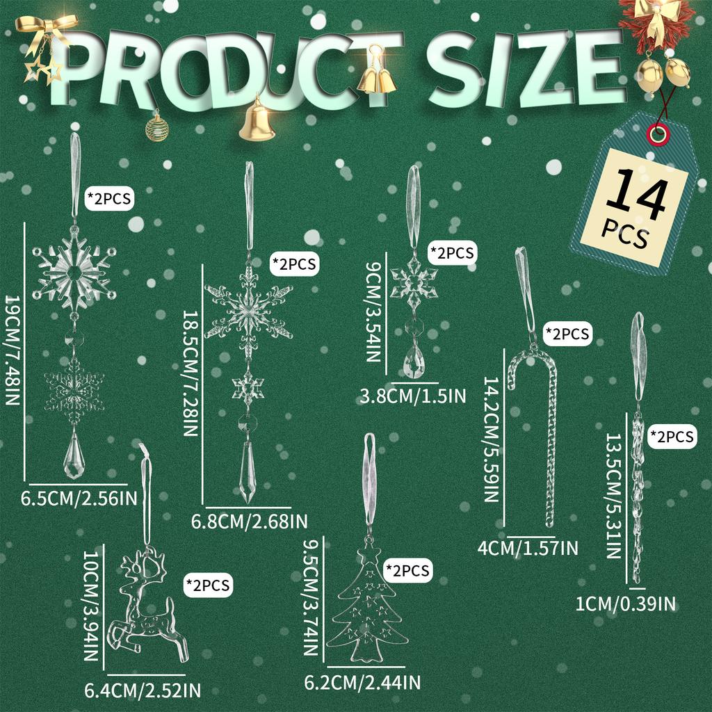 2D Christmas Decoration Pendant Christmas Ice Bar Transparent Snowflake Ice Edge Acrylic Fake Ice Picks Christmas Tree Decoration 14PCS